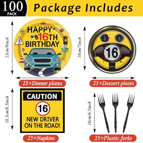 100 Pcs Drivers License 16th Birthday Party Decorations New Driver Car Plates and Napkins Set Disposable Racing 16 Years Old Paper Tableware for Boys Learner Driver Theme Supplies Serves 25 - Image 2