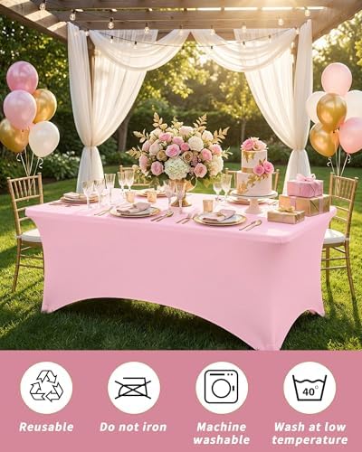 Fixwal 6 Pack 8FT Pink Tablecloth Rectangle Spandex Fitted Table Cover - Image 6
