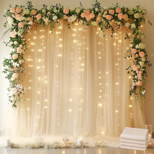 Tulle Backdrop Curtain with Lights Sheer Champagne Curtain Backdrop 20x10ft by Fomcet