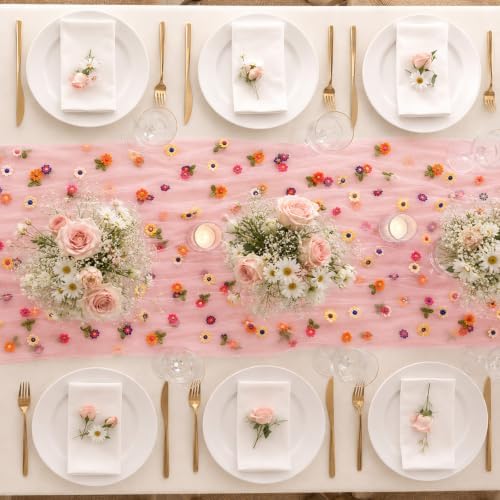 4 Pcs Flower Table Runner 29x72 Inch Pink Daisy Floral Tulle Decor - Image 5