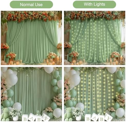 20x10FT Sage Green Backdrop Curtains with Lights for Parties,Wrinkle Free Wedding Photo Backdrop Curtains for Baby Shower Birthday Ceremony Reception Home Party Decorations-5ft x 10ft,4 Panels - Image 3