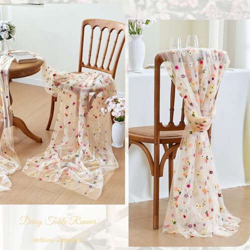 JIALE Champagne Floral Table Runner, Embroidery Daisy Seasonal Table Decorations, 120Inch 10FT 1PC Gold Tulle Fabric for Home Decor, Bridal Shower Wedding, Baby Shower Parties, DIY Craft - Image 5