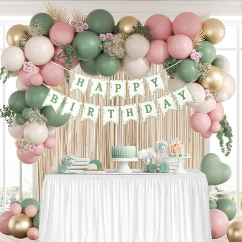 Pink and Sage Green Birthday Decorations with Sand White Gold Balloons - Image 7