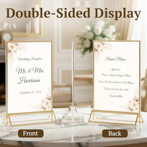 EHWINE 2 Pack Acrylic Sign Holder 4 x 6, Double Sided Gold Picture Frame Stand up Table Top Sign Holders, Clear Display Stand Menu Flyer Holder for Wedding Party - Image 2