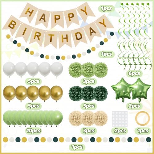 Retro Green Birthday Party Decorations for Women Girls, Happy Birthday Banner with Tissue Paper Pompoms, Paper Tassel, Circle Garland, Hanging Swirl, Party Balloons for Party Decorations - Image 2