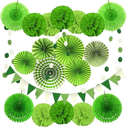 ZERODECO Party Decoration, 21 Pcs Green Hanging Paper Fans, Pom Poms Flowers, Garlands String Polka Dot and Triangle Bunting Flags for Golf Party Dinosaur Birthday Parties Arbor Day by ZERODECO