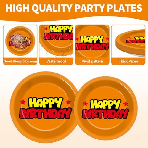 96pcs Anime Theme Birthday Paper Plates and Napkins Cartoon Anime Party Supplies Orange And Red Stars Disposable Dinnerware Tableware Set for Kids Birthday Baby Shower Decoration Serve 24 - Image 3