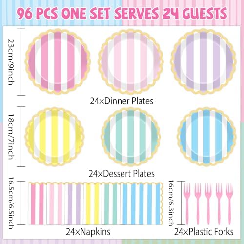 96Pcs Pastel Stripe Party Supplies Pastel Paper Plates Napkins Stripe Ice Cream Party Tableware Set Pastel Dinnerware for Girl Birthday Party Baby Shower Decoration Serve 24 (Scalloped) - Image 2