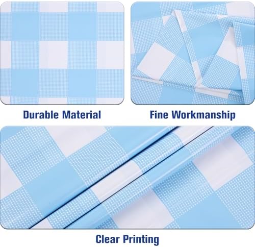 Kesfey 12 Packs Light Blue Gingham Tablecloth Pale Blue and White Checkered Tablecloths 54 x 108 Inch Disposable Plastic Gingham Tablecovers Waterproof Rectangle Picnic Table Cover for Birthday Party - Image 2