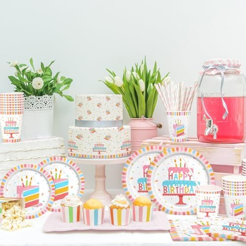 Happy Birthday Party Supplies Set for 25 -Kit with Cake Design Includes Plates, Napkins, Cups, Tablecloth & Banner - for Boys & Girls Birthday Party Decorations - Image 5