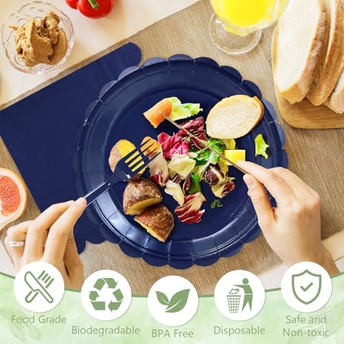100 Navy Blue Paper Plates and Napkins Disposable for Party, 25-9"&25-7" - Image 4
