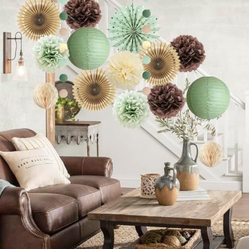Sage Green and Brown Party Decorations Baby Shower Decorations Sage Green Beige Brown Tissue Paper Pom Poms Lanterns for Sage Green and Brown Birthday Bridal Shower Wedding Room Decor - Image 3