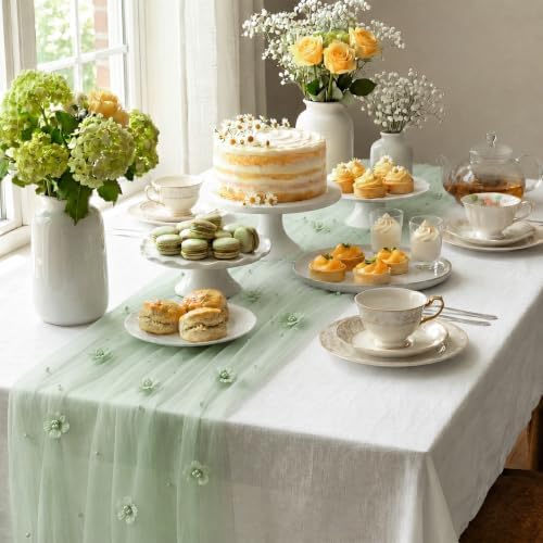 6 Pcs 29x120'' Pearl Tulle Table Runner 10ft Wedding Tablecloth, Sage Green - Image 2