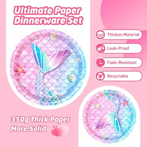 146Pcs Mermaid Plates and Napkins mermaid Party Supplies Includes Plates, Napkin, Fork, Cup, Straw, Tablecloth, Banner for Baby Shower Ocean Birthday Party Decorations, Serves 24 (Mermaid) - Image 5