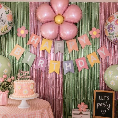Dusty Pink Sage Green Tinsel Backdrop 2 Pack Foil Fringe Curtains - Image 7