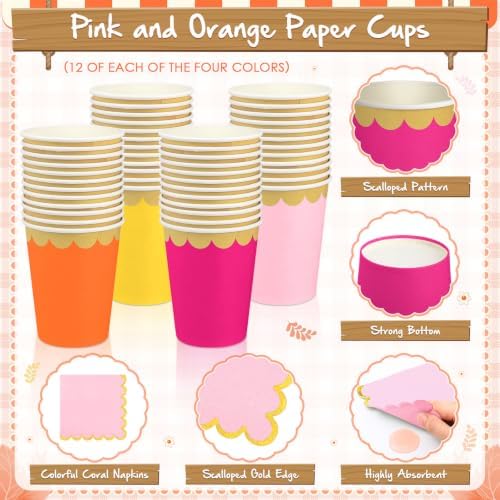 Mimorou 338 Pcs Pink Orange Yellow Plates and Napkins Party Supplies for 48 - Image 5