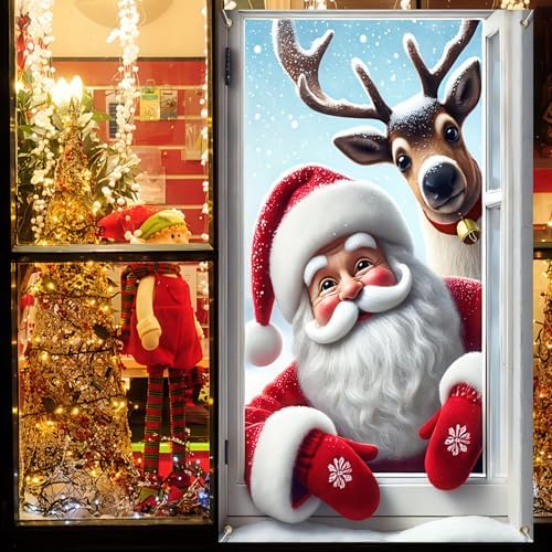 BlissYard Christmas Santa Claus and Reindeer Window Cover Deer Santa Claus Backdrop Photography Background Decoration Xmas Curtain Hanging Banner Holidays Christmas New Year Party Decoration - Image 2