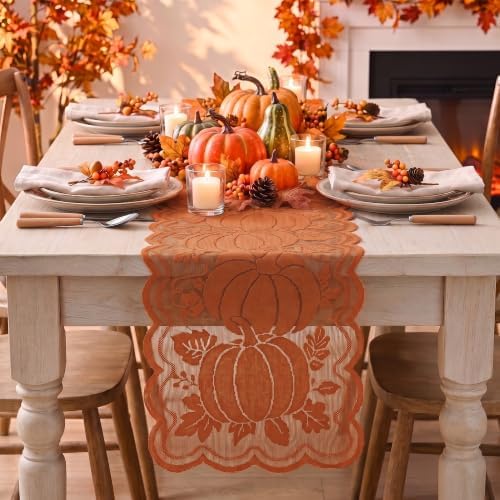 Artoid Mode Lace Jacquard Pumpkin Leaf Fall Table Runner 13x72 Inch - Image 2