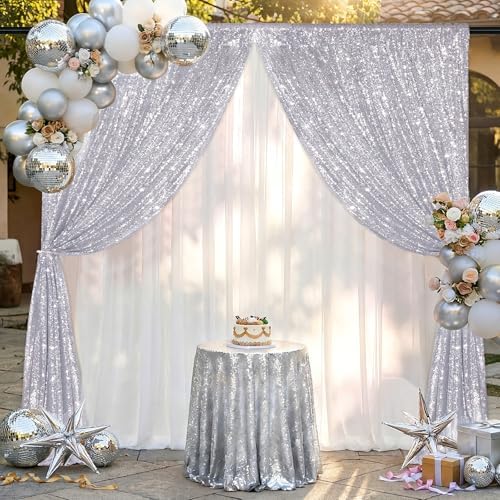 Silver Sequin Backdrop Curtains-2 Panels 2FTx8FT Silver Backdrop for Valentines Day, Glitter Party Decorations Background Drapes for Wedding Birthday Anniversary Graduation Photo Booth Decor - Image 6
