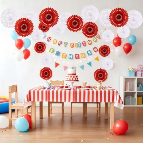 CC wonderland zone 12PCS Red and White Paper Fans Party Decorations,Hanging Ceiling Honeycomb Round Tissue Paper Fans for Baby Shower Wedding Valentine's Day Engagement Birthday Party Decorations - Image 2