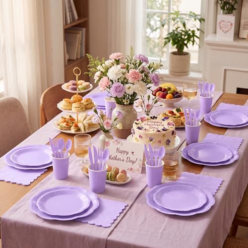 175 Pcs Light Purple Plates and Napkins Set, 25 Guest Purple Party Supplies Include Scalloped Plate Paper Napkin Cup Forks Knives Disposable Plastic Cutlery for Wedding Baby Shower Birthday Party - Image 5