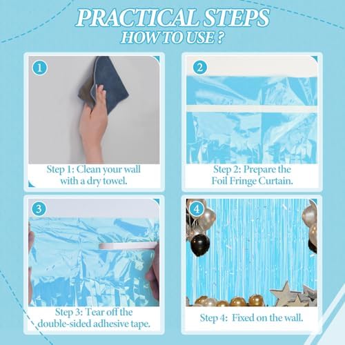 DECOCKRAT 3 Pack Foil Fringe Backdrop - Pastel Blue Shiny Tinsel Curtains for Party Decoration/Photo Booth Props - 3.3x8.2 FT Metallic Foil Backdrop for Birthday, Wedding, Graduation, Christmas. - Image 3