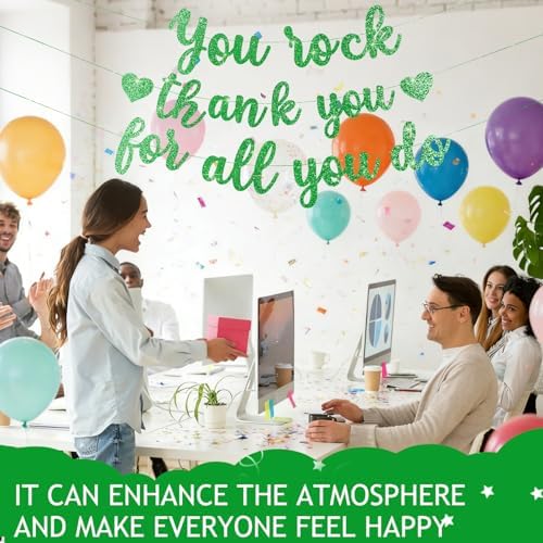 Pre-Strung You Rock Thank You For All You Do Banner - Glitter Employee Appreciation Decorations, Staff Teacher Nurse Recognition Party Supplies, Retirement Office Decor Sign, Large Cardstock Garland (Green) - Image 7