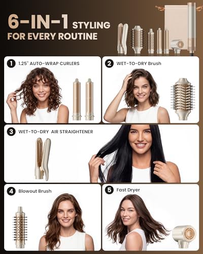 MESCOMB 6 in 1 Hair Dryer and Straightener, Hot Air Styler Wrap - Fast Drying, 1500W Air Dryer with Straightener, Frizz-Free Blowout Brush for Smoothing & Curling, Volumizing(Champagne) - Image 2