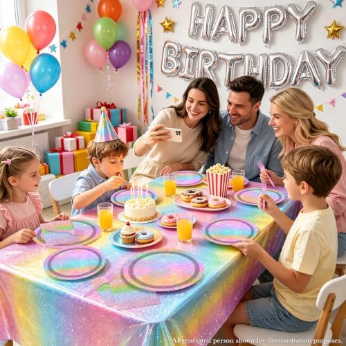 Iridescent Glitter Rainbow Party Supplies for 20 Guests, Disposable Holographic Glitter Pastel Tableware Set Includes Plates, Napkins, Forks, Tablecloth for Girls Birthday Party Decorations - Image 4