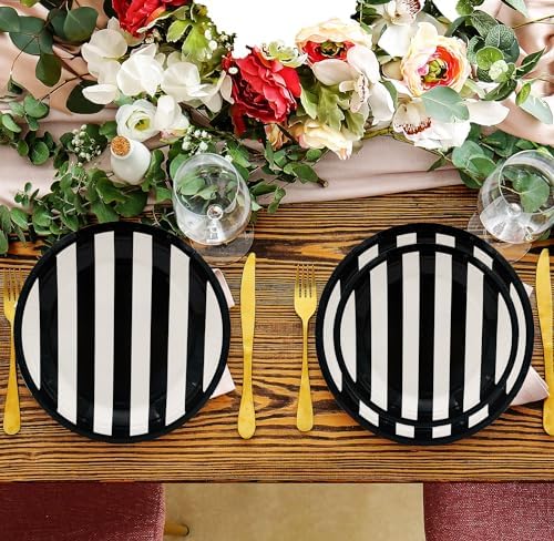 Serve25 175Pcs Black & White Striped Party Supplies - 9" & 7" Striped Paper Plates, Napkins, Cups, Cutlery for Black & White Birthday Party Decorations - Image 7
