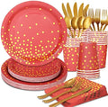 168Pcs Red and Gold Party Decorations, Red Plates and Napkins Party Supplies Serve 24, for Birthday Chinese New Year, Valentines, Mardi Gras by Gudvilla