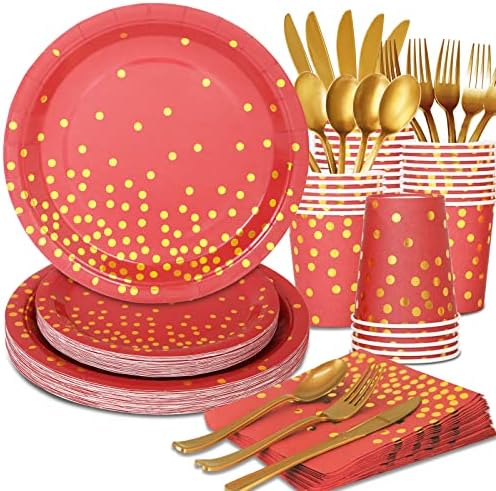 168Pcs Red and Gold Party Decorations, Red Plates and Napkins Party Supplies Serve 24, for Birthday Chinese New Year, Valentines, Mardi Gras by Gudvilla