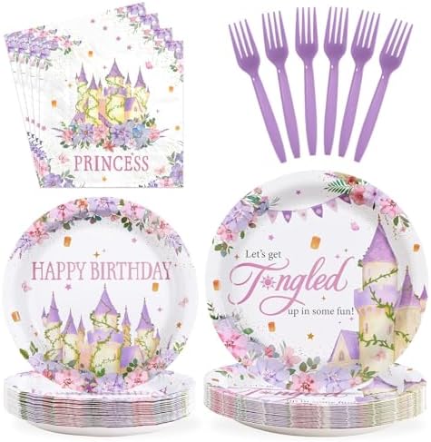 Greencian 96Pcs Princess Birthday Purple Tower Party Supplies Serves 24 by Grencian