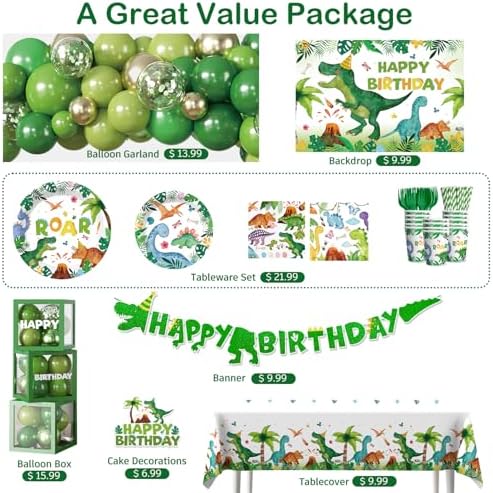 268Pcs Dinosaur Birthday Party Decorations, All-in-One Dinosaur Party Decorations Set for 25 Guests with Balloon Garland Arch, Plates, Tablecloth, Cake Topper, Backdrop, Napkins, Glitter Banner - Image 4
