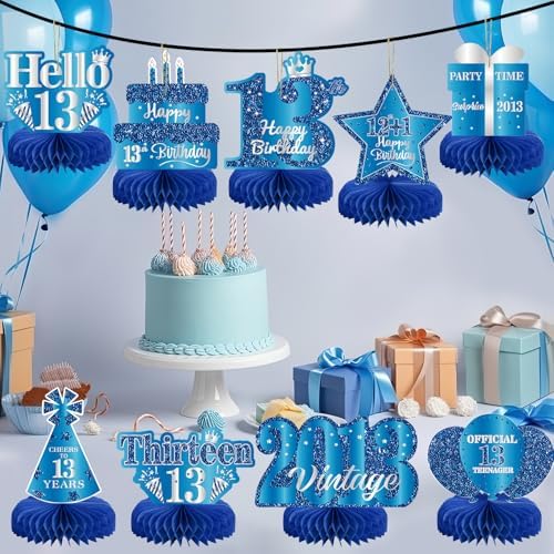 9Pcs 13th Birthday Decorations Blue Silver 13th Birthday Party Decorations for Teens Boys Girls,Happy 13 Years Birthday Honeycomb Centerpieces Table Sign Decor Supplies - Image 5