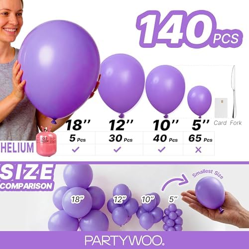 PartyWoo Purple Balloons 140pcs Different Sizes of 18 12 10 5 Inch - Image 6