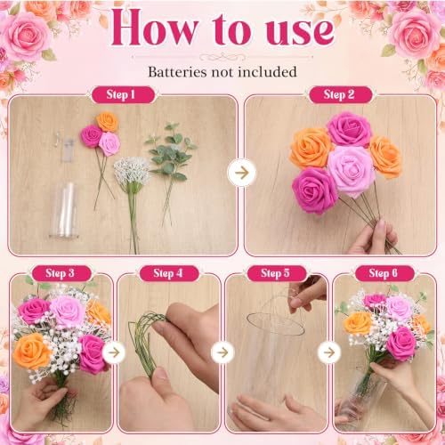 Domensi Set of 6 LED Lighted Floral Table Centerpieces, Faux Roses, Eucalyptus & Baby's Breath in Acrylic Vase, Glowing Rustic Wedding Decor for Bridal Shower & Dining Table (Rose Red, Pink, Orange) - Image 4