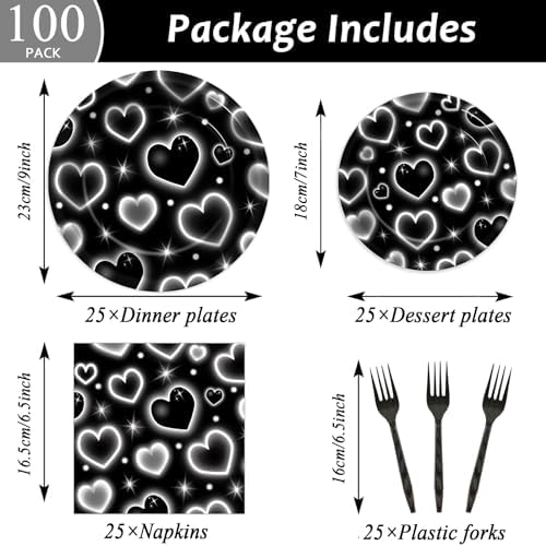 Qyeahkj 100 Pcs 2000s Party Plates Napkins Forks Set Black Heart Tableware Supplies Y2k Theme Birthday Party Decoration Early 2000s Dinnerware Decorations Favors for Birthday Party Serve 25 - Image 2