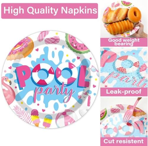 Qyeahkj 100 Pcs Summer Pool Party Plates and Napkins Set Pink Swimming Pool Party Decorations Supplies Beach Disposable Paper Tableware Dinnerware Favors Birthday Shower Serves 25 - Image 4