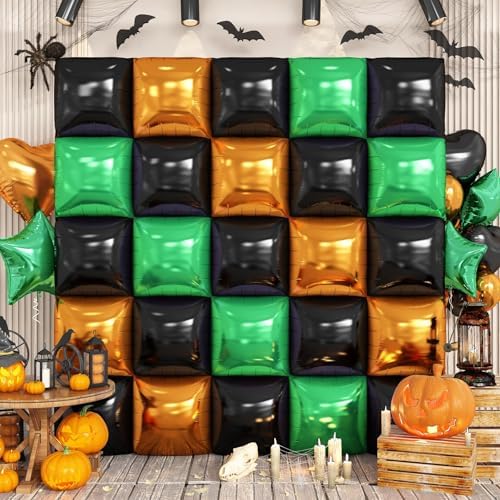 Black Orange Green Square Foil Balloon Wall,25Pcs Double Sided Balloons by Adorely
