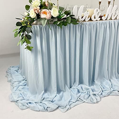 Pooling and Floating Chiffon Table Skirt with extra length, 6FT 9FT 14FT Sheer Tablecloth, Baby Shower, Birthdays Party, Main Cake Table Decoration, Wdding Table Skirt (Blue, 6FT) - Image 3