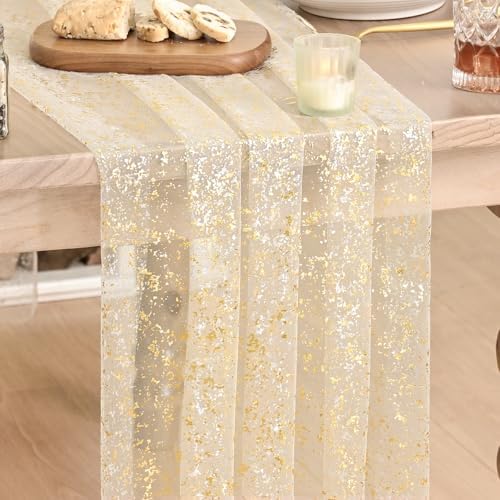 Artoid Mode Gold Gauze Champagne Table Runner 120 Inch 10FT, Glitter Metallic Foil Sheer Dining Wedding Anniversary Holiday Birthday Table Decor for Home Party by ArtoidMode