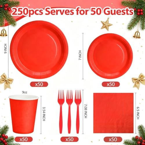 250Pcs Red Paper Plates and Napkins Party Supplies, 9’’Disposable Red Party Plates, 7’’Dessert Plates Cups Napkins Forks Sets for Christmas, Birthdays, Graduations, Valentines Days, Serves 50 - Image 2