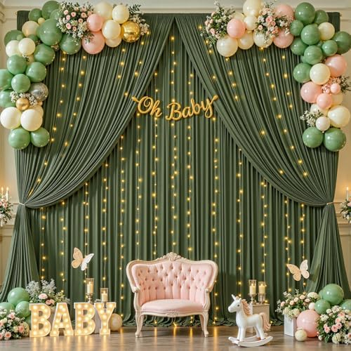 30 x 10ft Olive Green Backdrop Curtains with Lights String - Image 3