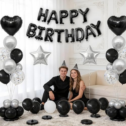Black and Silver Birthday Decorations with Black Silver Balloons for Men - Image 6