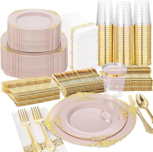 Nervure 350Pcs Pink Plastic Plates, Plastic Dinnerware Set for 50 Guests by Nervure