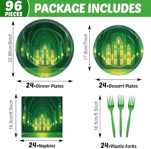 96Pcs Green Castle Paper Plates and Napkins Wonderland Theme Birthday Party Supplies Fairytale Movie Disposable Dinnerware Tableware Set for Princess Birthday Baby Shower Decorations Serve 24 - Image 2