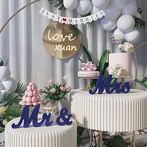 VIOPVERY Wooden Mr & Mrs Wedding Sign with Just Married Banner,Blue - Image 5