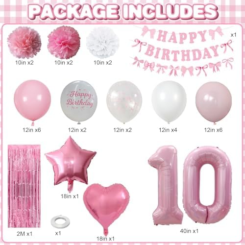 10th Birthday Decorations Girls Pink Number 10 Balloon Bow Coquette Party - Image 3