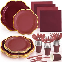 168Pcs Burgundy Paper Plates and Napkins Party Supplies for 24 Guests by OuMuaMua